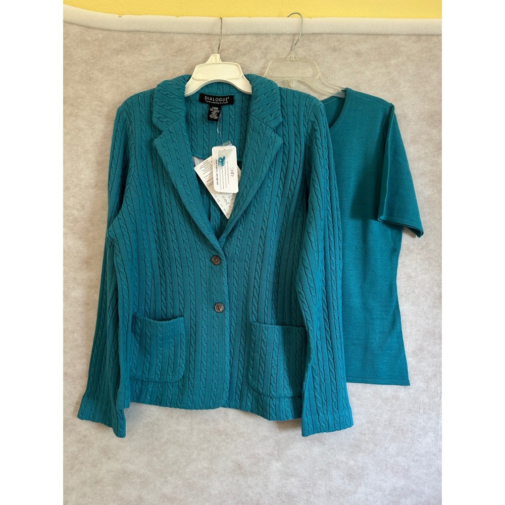 Dialogue Ultramerino Teal Merino Wool Cable Knit Cardigan & Sweater Set Large‎